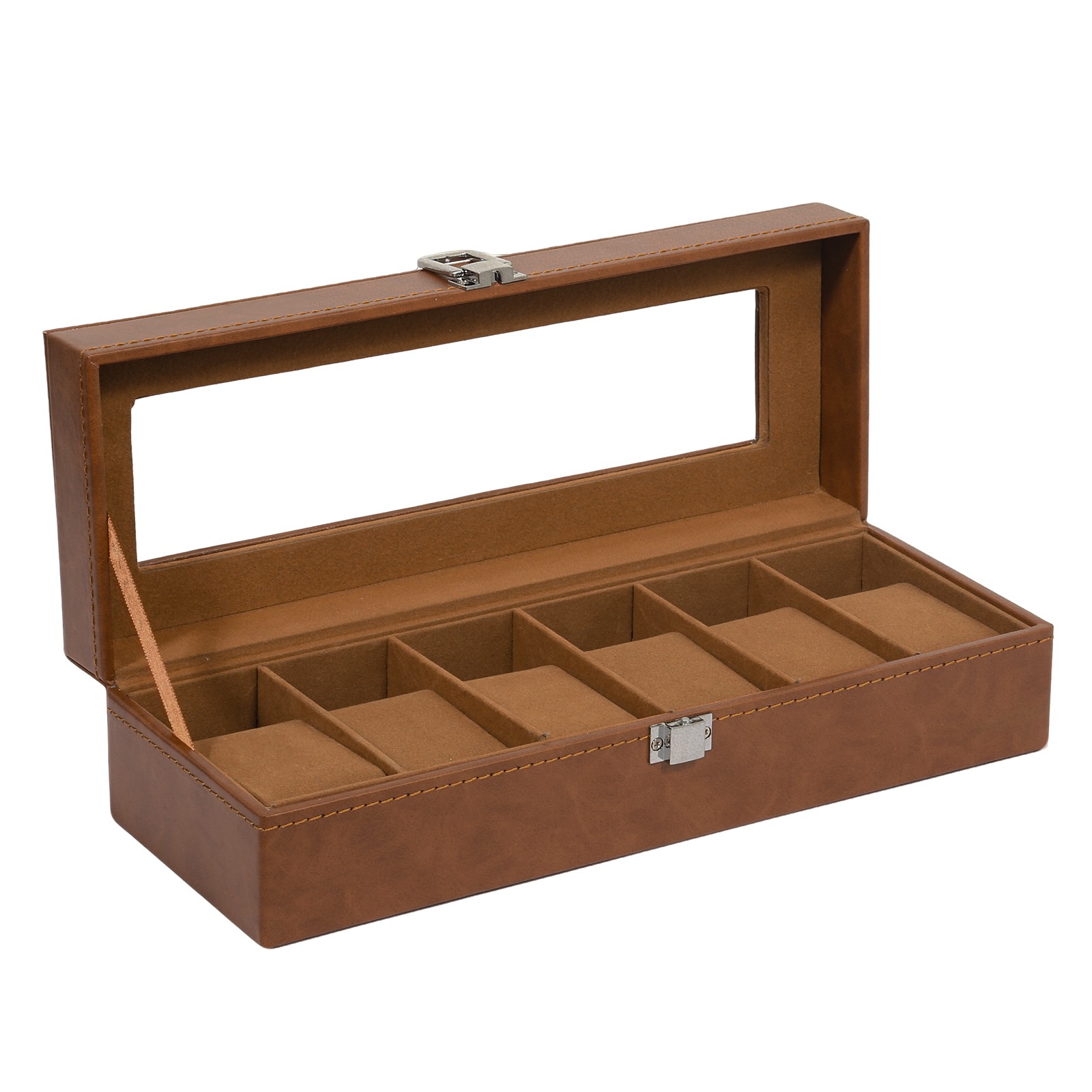 6 Slots Watch Box – PU Leather Case with Glass Lid, Display & Storage Organizer