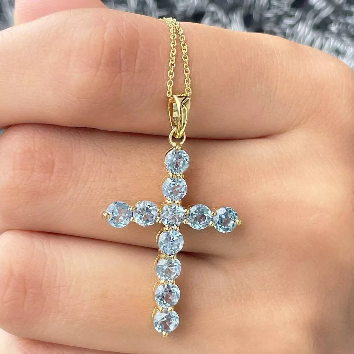 6Ct Round Aquamarine Cross Pendant Solid 14K Yellow Gold Finish 18 Free Chain