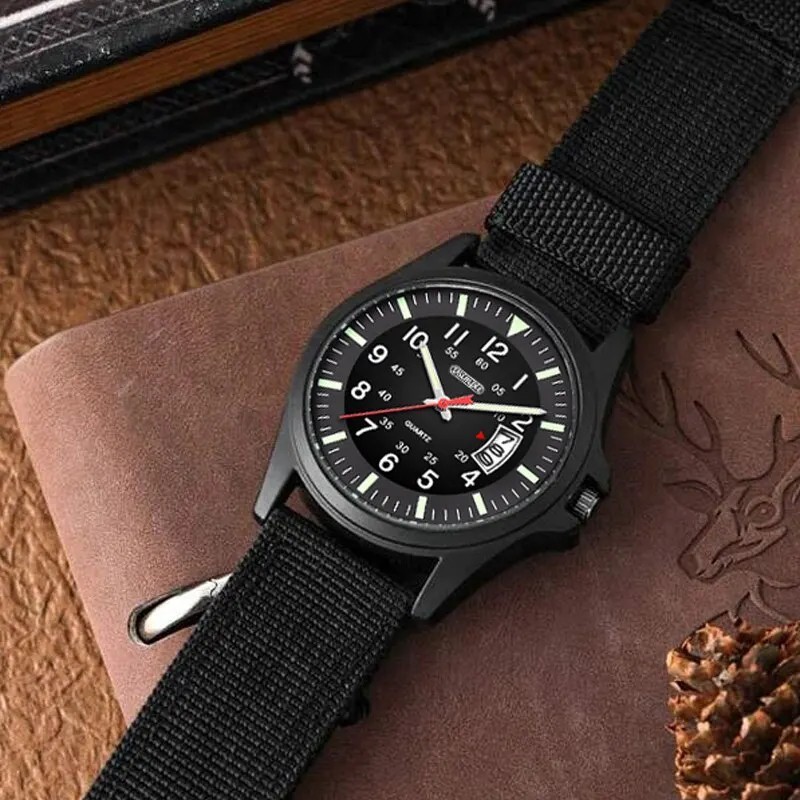 Men’s Military Army Luminous 24 Hours Dial Nylon Strap Date Quartz Wrist Watch