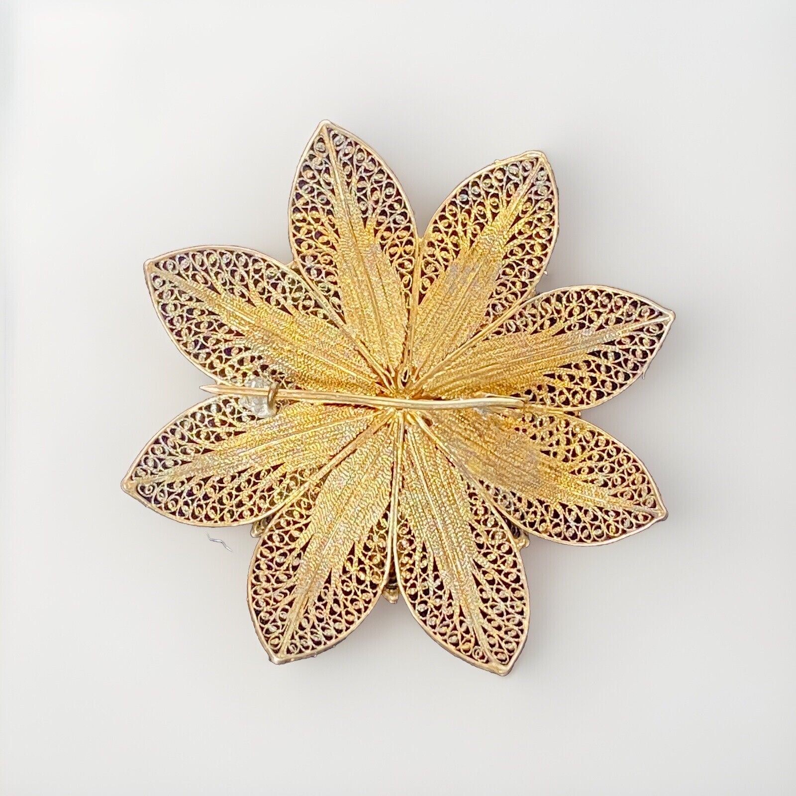 Vintage 2-3/8″ Wide Fine Silver Filigree Flower Brooch with Gold Wash 12 Grams