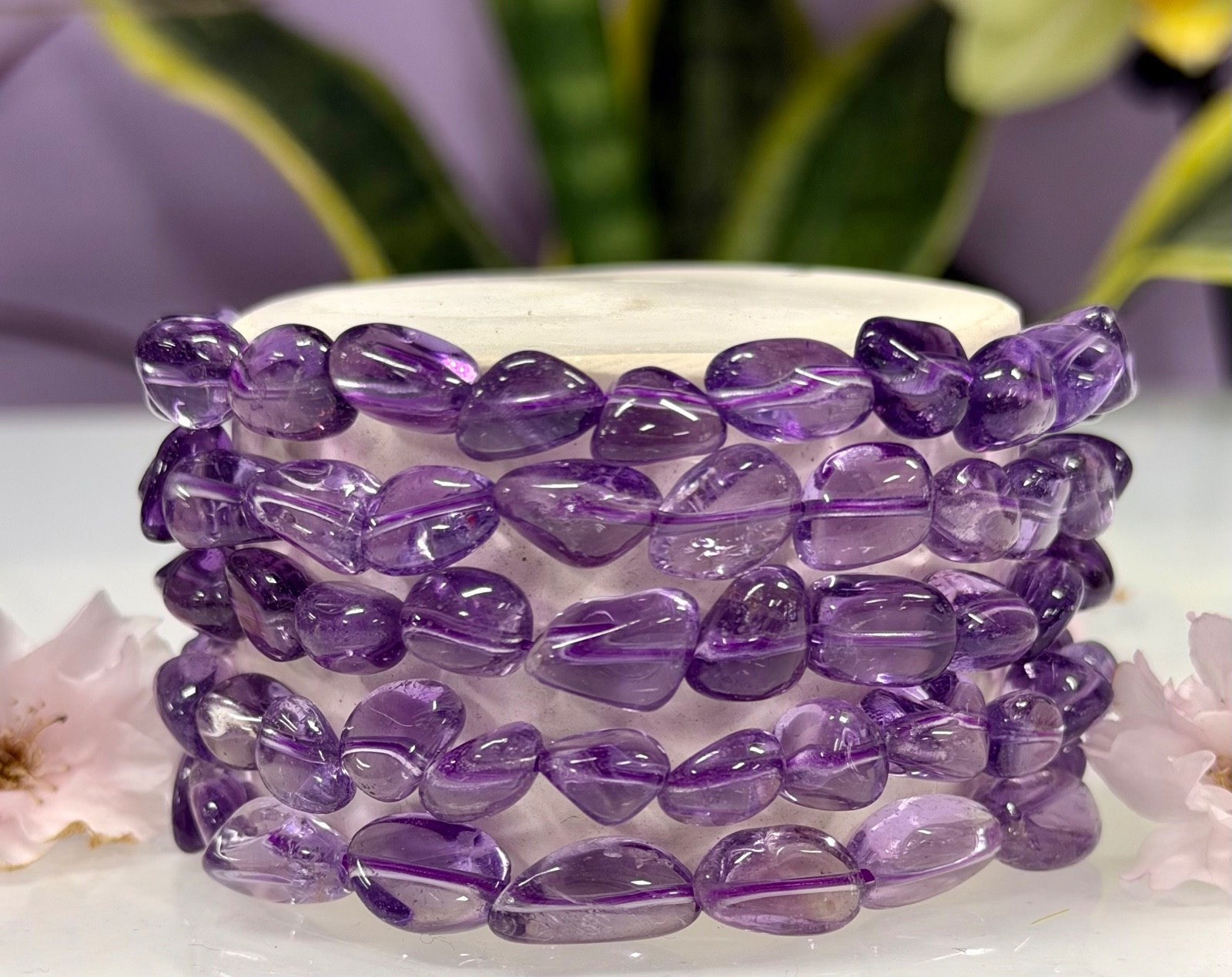 Wholesale 6 Pcs ~7mm Amethyst Natural Crystal Tumble Stretch Bracelet 7.5”