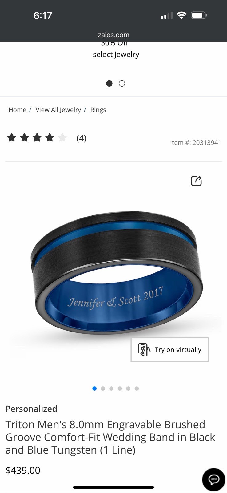 Zales Triton Men’s 8mm Black/Blue Tungsten Comfort Fit Engraved Band 10