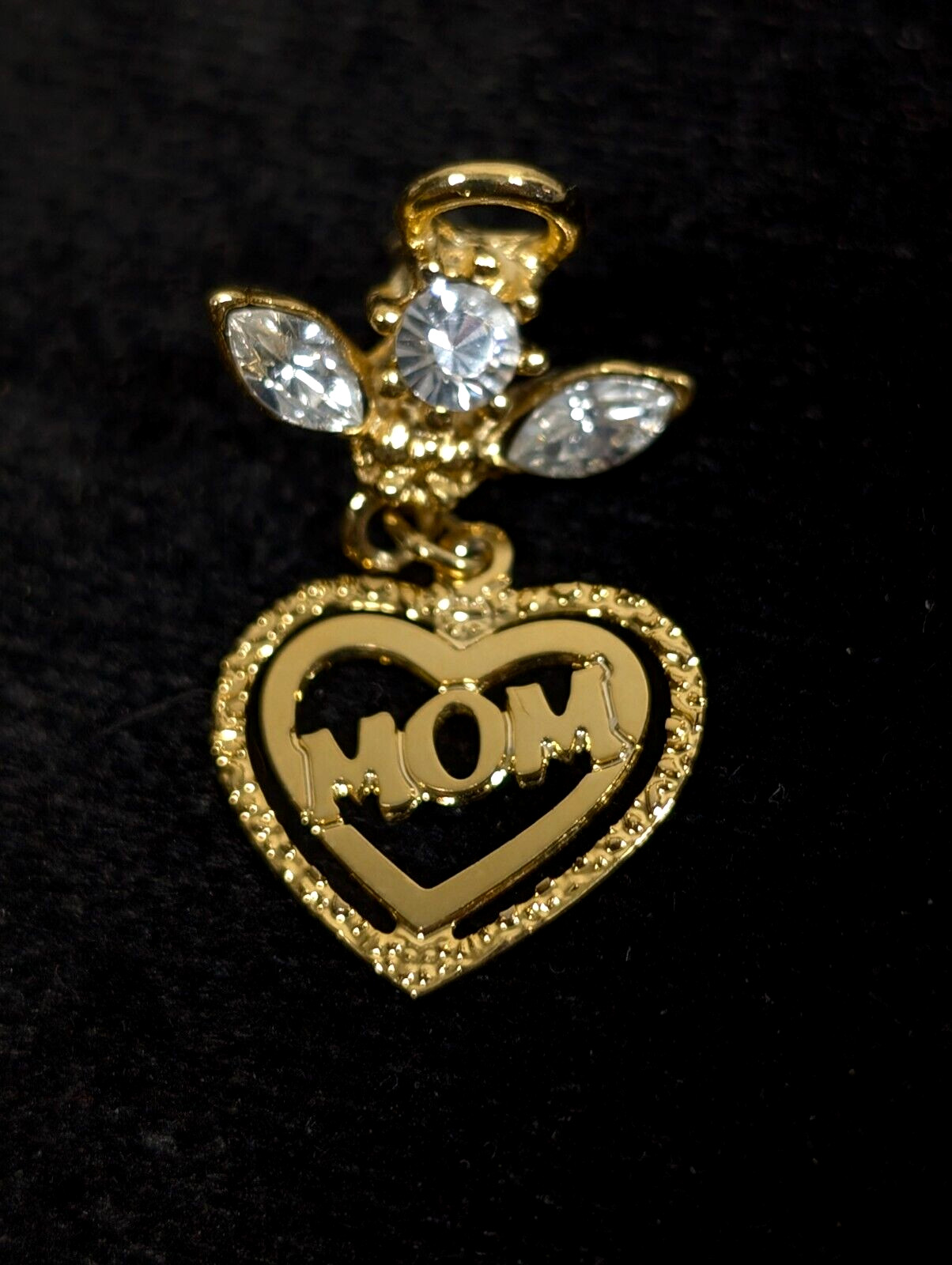 Vintage Guardian Angel Mom Heart Charm Clear Rhinestone Pin Brooch Small