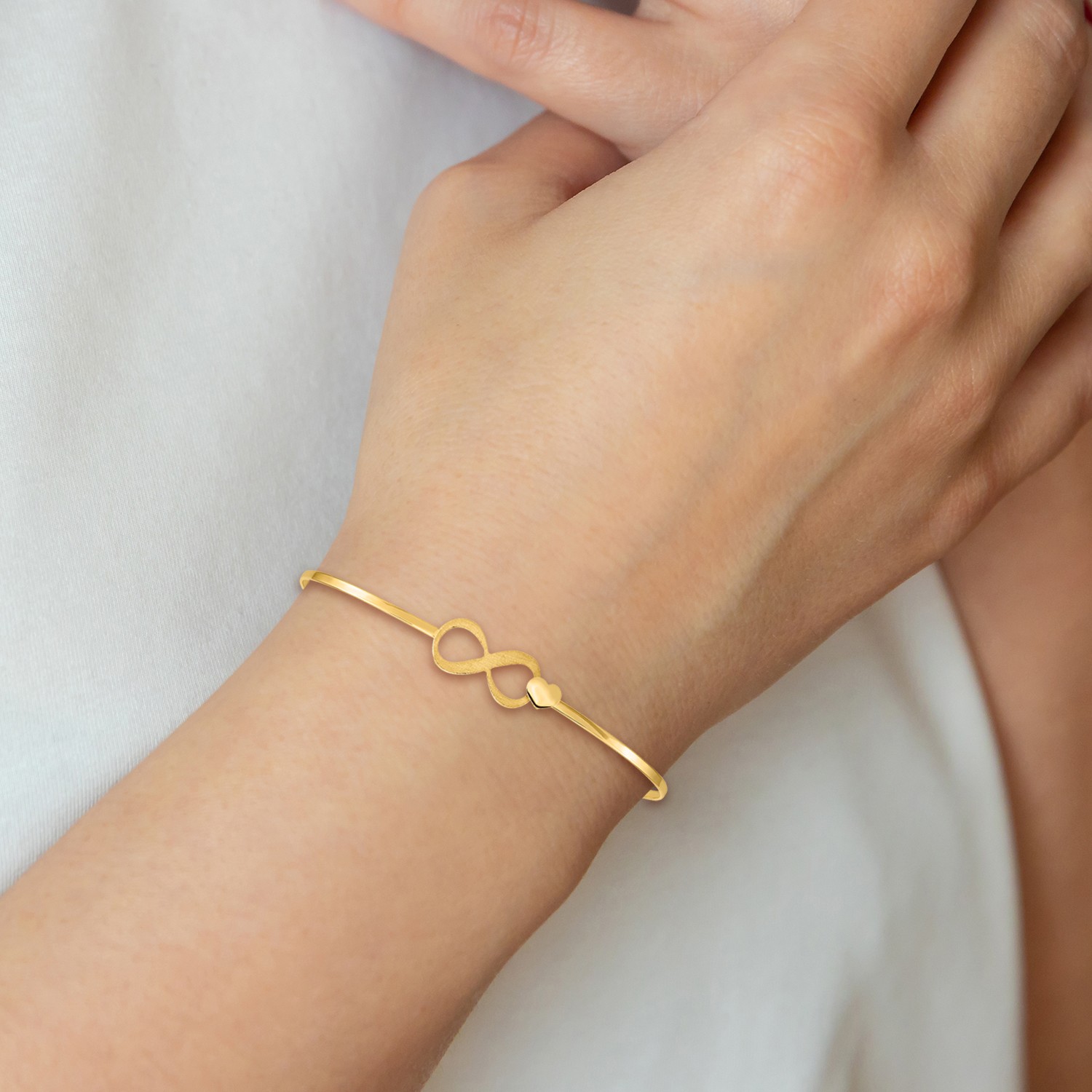 14K Solid Yellow Gold Heart Infinity Bangle Bracelet 7 inch Polished, Matte