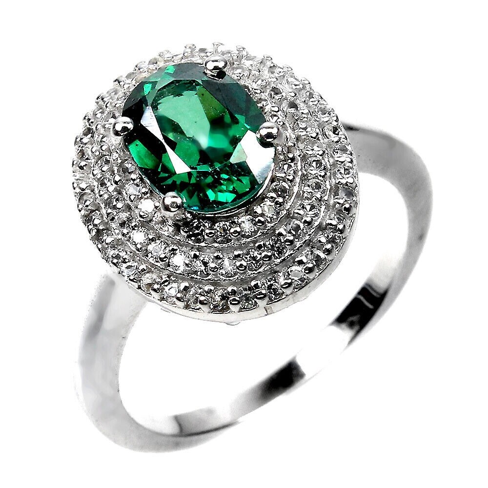 Diffused Oval Green Topaz 8x6mm White Topaz 925 Sterling Silver Ring