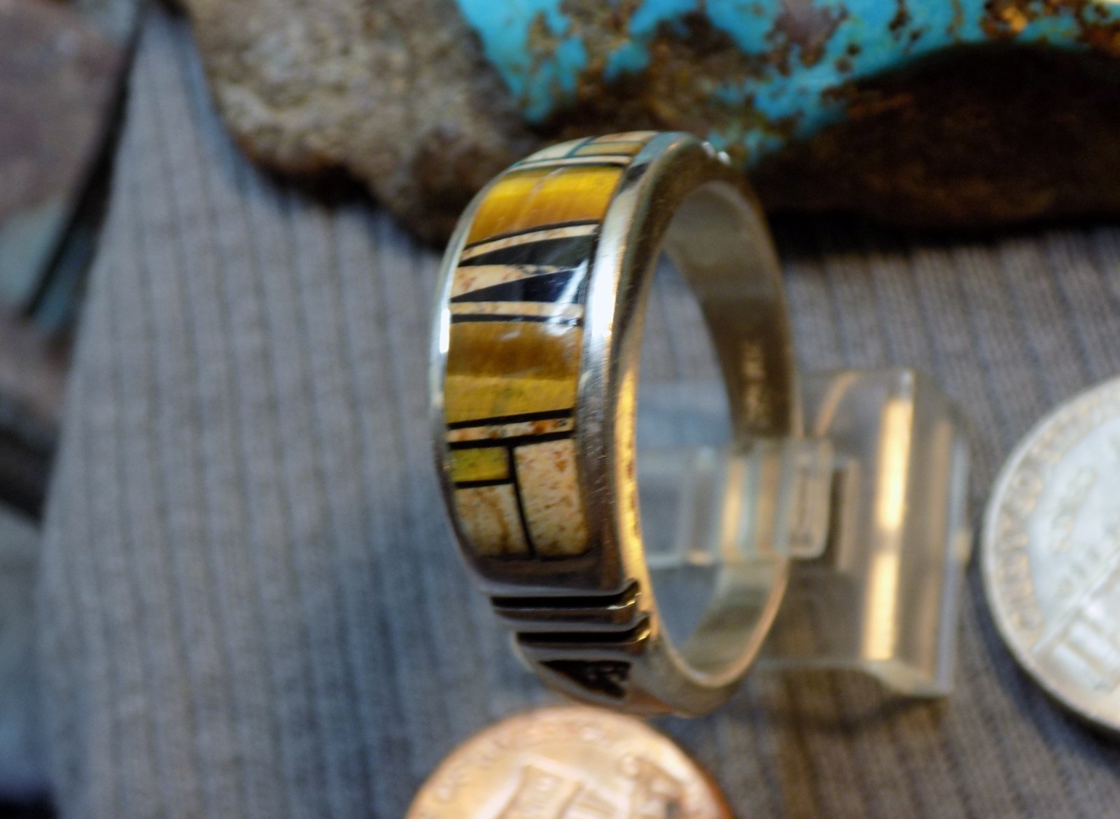 Size 13 1/2 Sterling Turquoise Multi Stone Inlay Navajo Mens Ring Rick Tolino