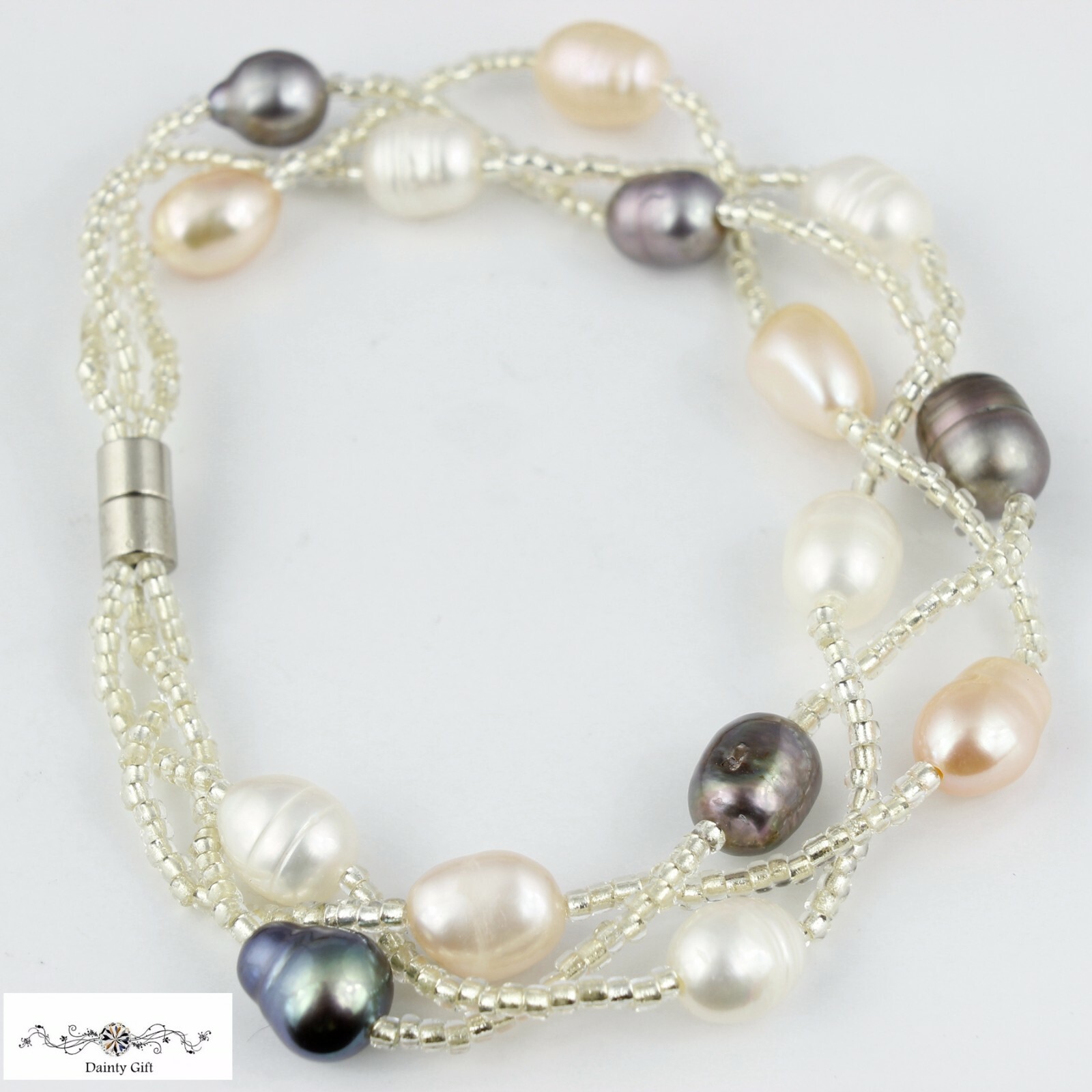 Women Real Black Pearl / Pink /White Pearl Twist Bead Mix Pearl Bracelet 7.5″