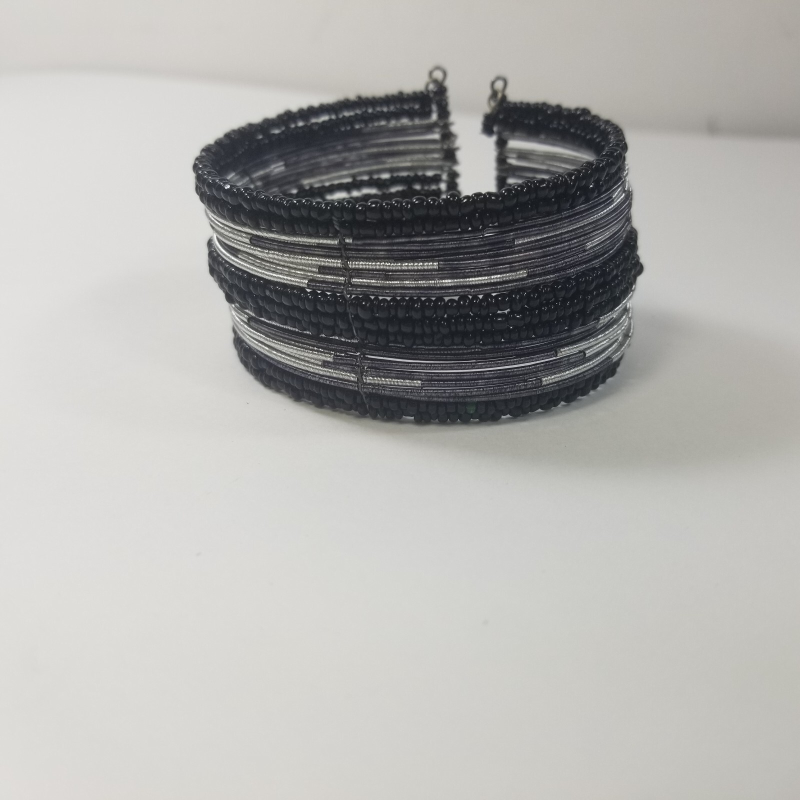 Beaded Wrap Cuff Bracelet Silver Tone Black Seed Beads, Flexible Fit, 1.5″ wide