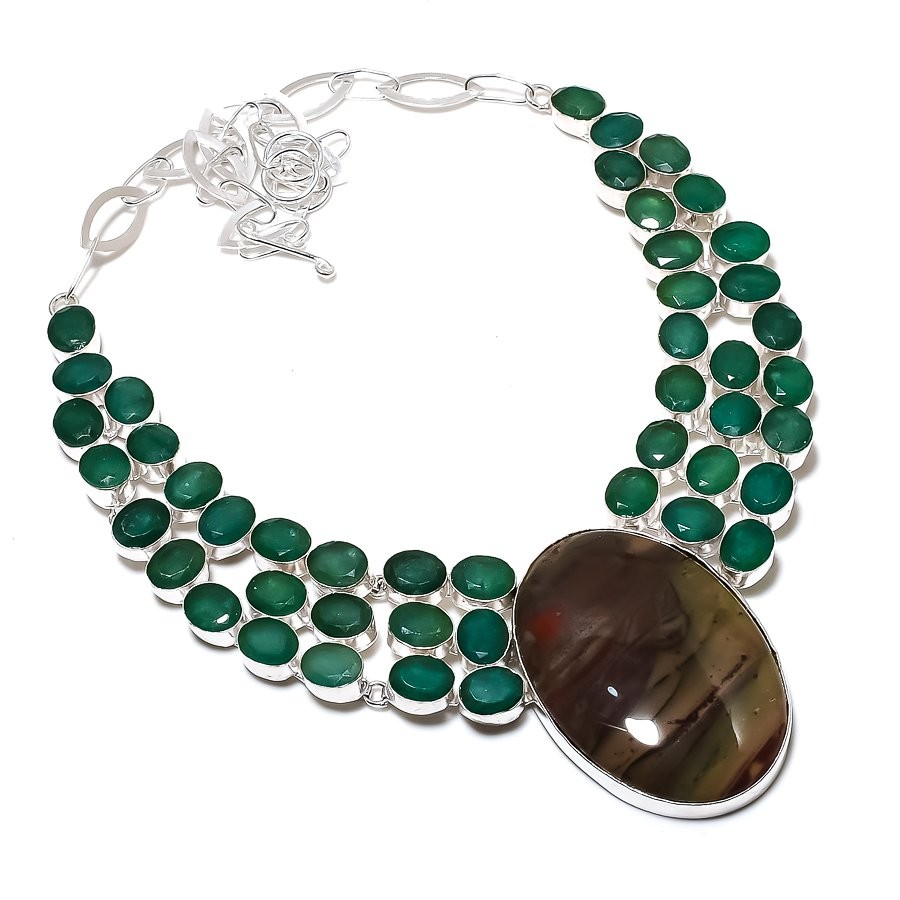 Imperial Jasper, Emerald 925 Sterling Silver Gemstone Gift Necklace 18″ RP 15389