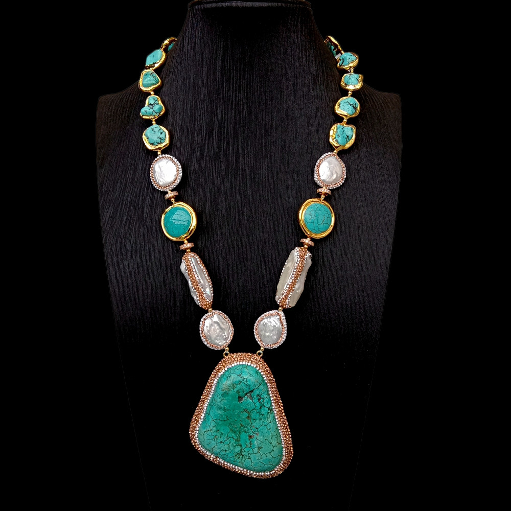 Cultured White Coin Pearl Biwa Pearl Turquoise Necklace Big Turquoise Pendant