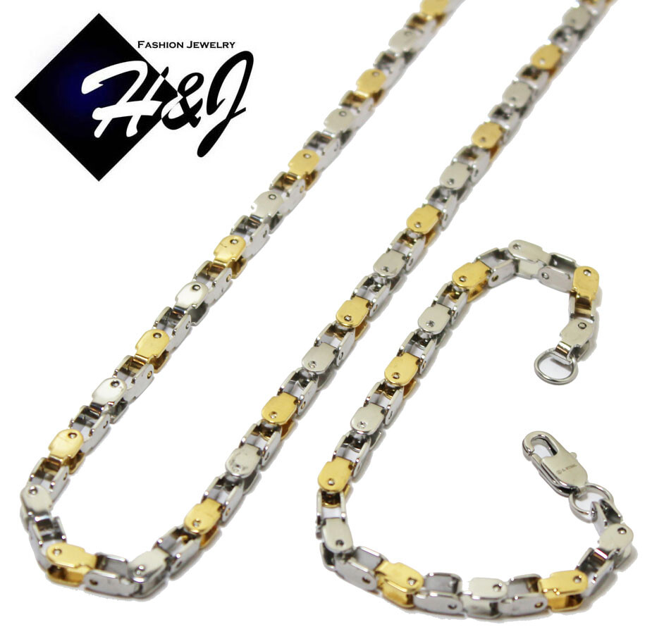 24″MEN’s Stainless Steel 5mm Silver/Gold Plated Box Bike Link Necklace Bracelet