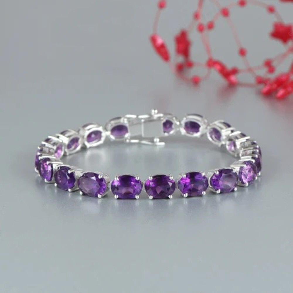 35 Ctw Oval Cut Amethyst Tennis Women’s Bracelet 14K White Gold Plated .925
