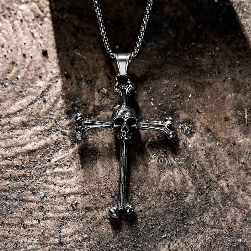 Mens Gothic Biker Skull Cross Pendant Necklace Chain Men Stainless Steel Gift