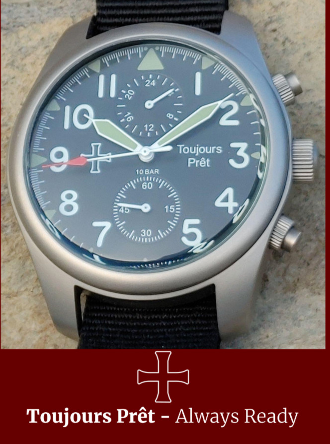 Toujours Pret GMT military field watch. Blasted stainless steel – domed crystal