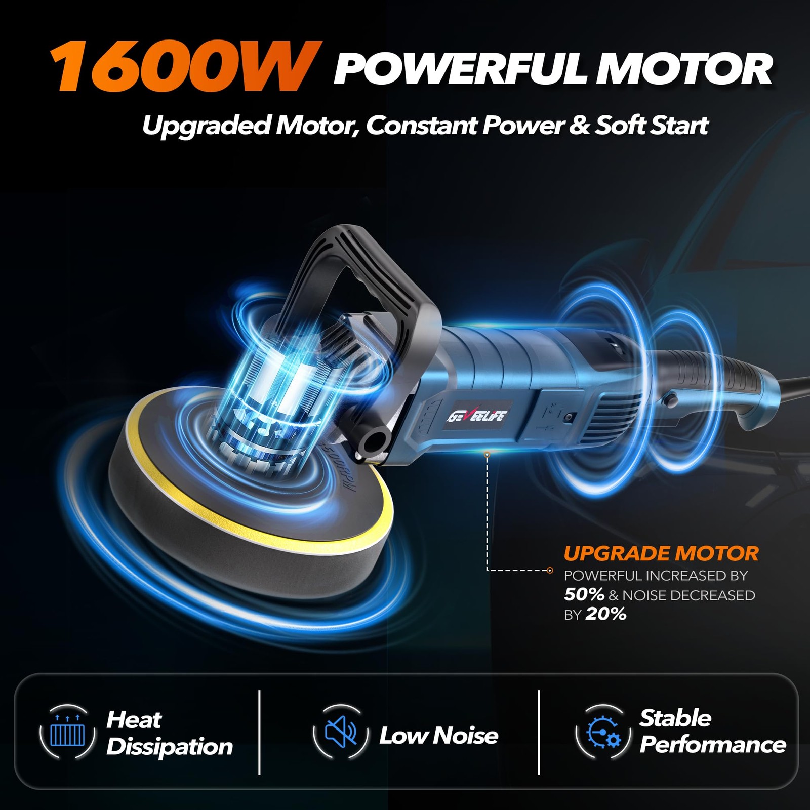 GEVEELIFE 1600W Rotary Car Buffer Polisher 6/7in 7-Speed 1000-3500 RPM