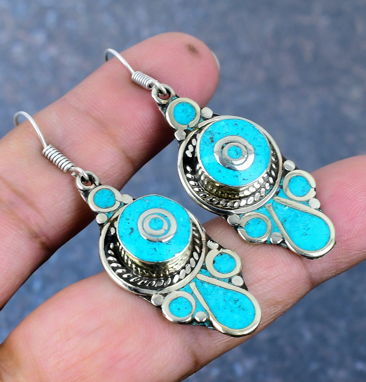 Turquoise Gemstone Handmade 925 Sterling Silver Tribal Earrings Nepali Jewelry