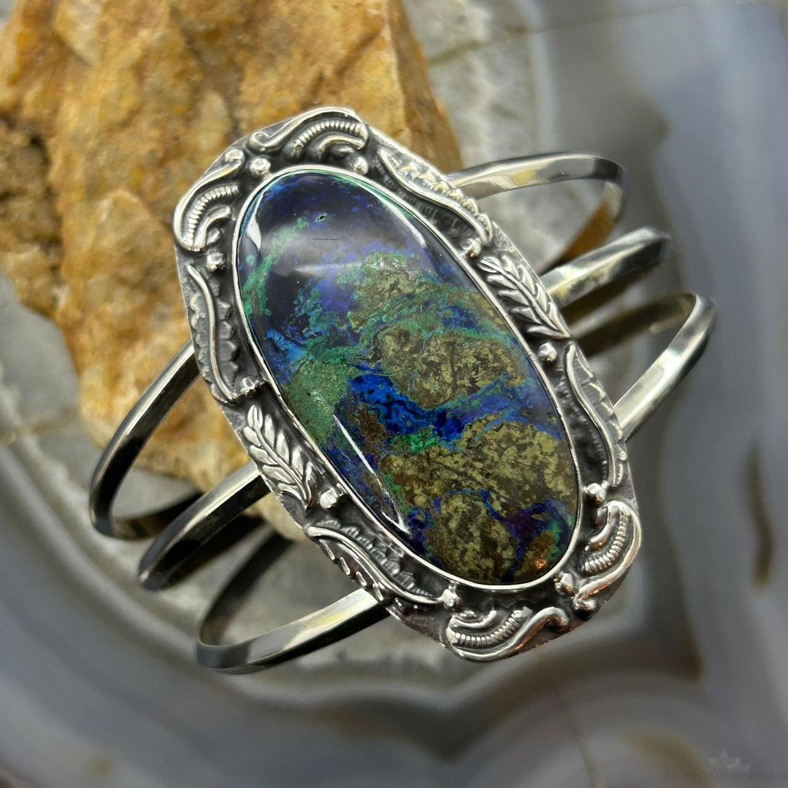 Sterling Southwestern Style Large Oval Azurite Malachite Bracelet For Women