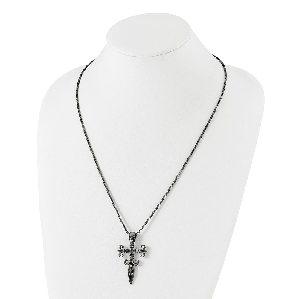 Stainless Steel White Bronze-plated Cubic Zirconia Cross Skull Necklace 24″
