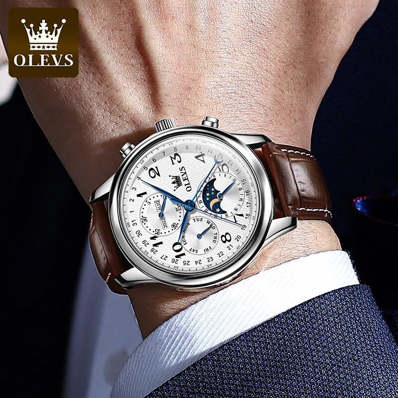 OLEVS Automatic Mechanical Watch Men’s Moon Phase Waterproof Leather Men Strap