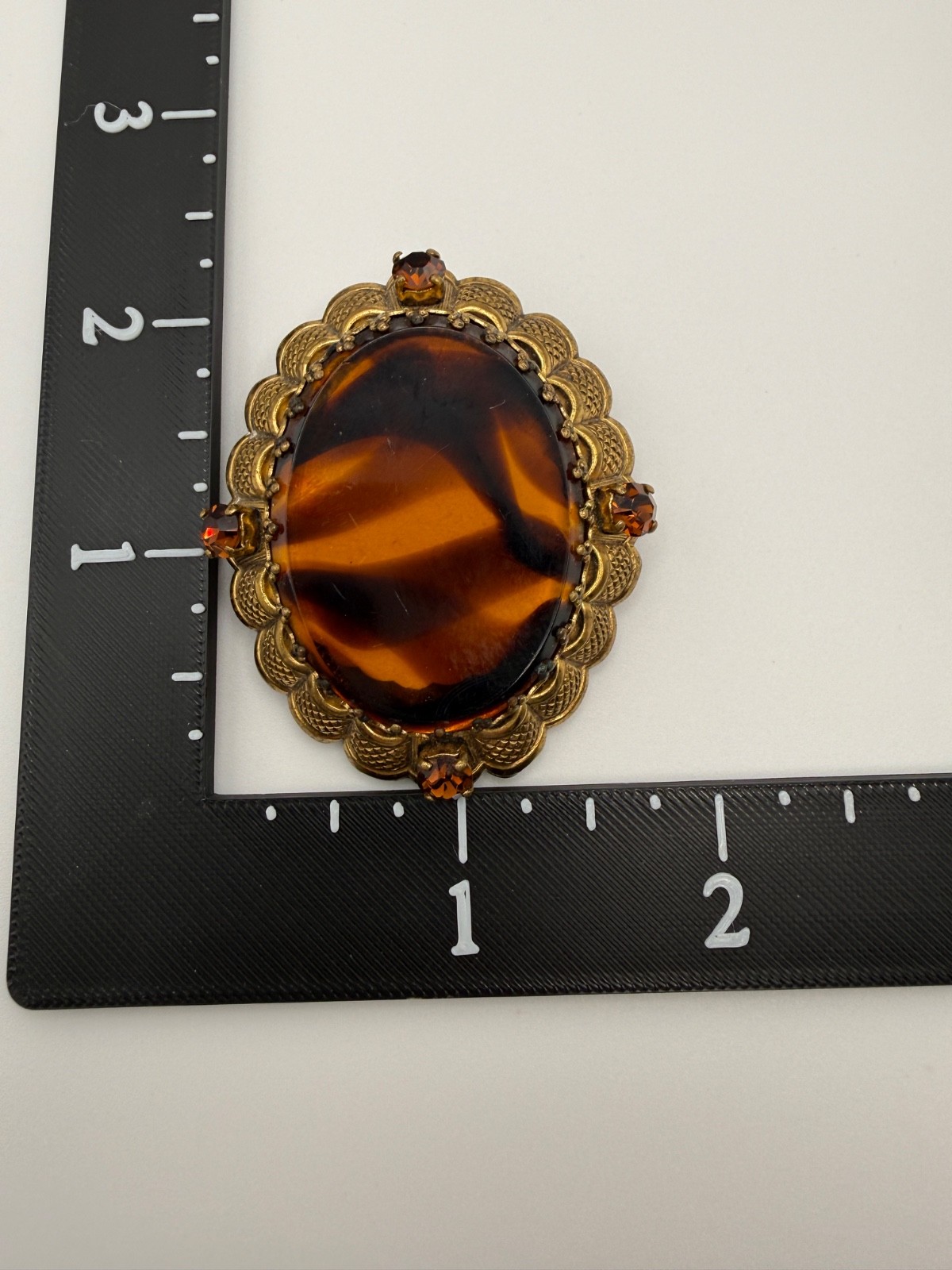 Vintage West Germany Brooch Faux Tortoiseshell Swirls Rhinestones Lucite Signed