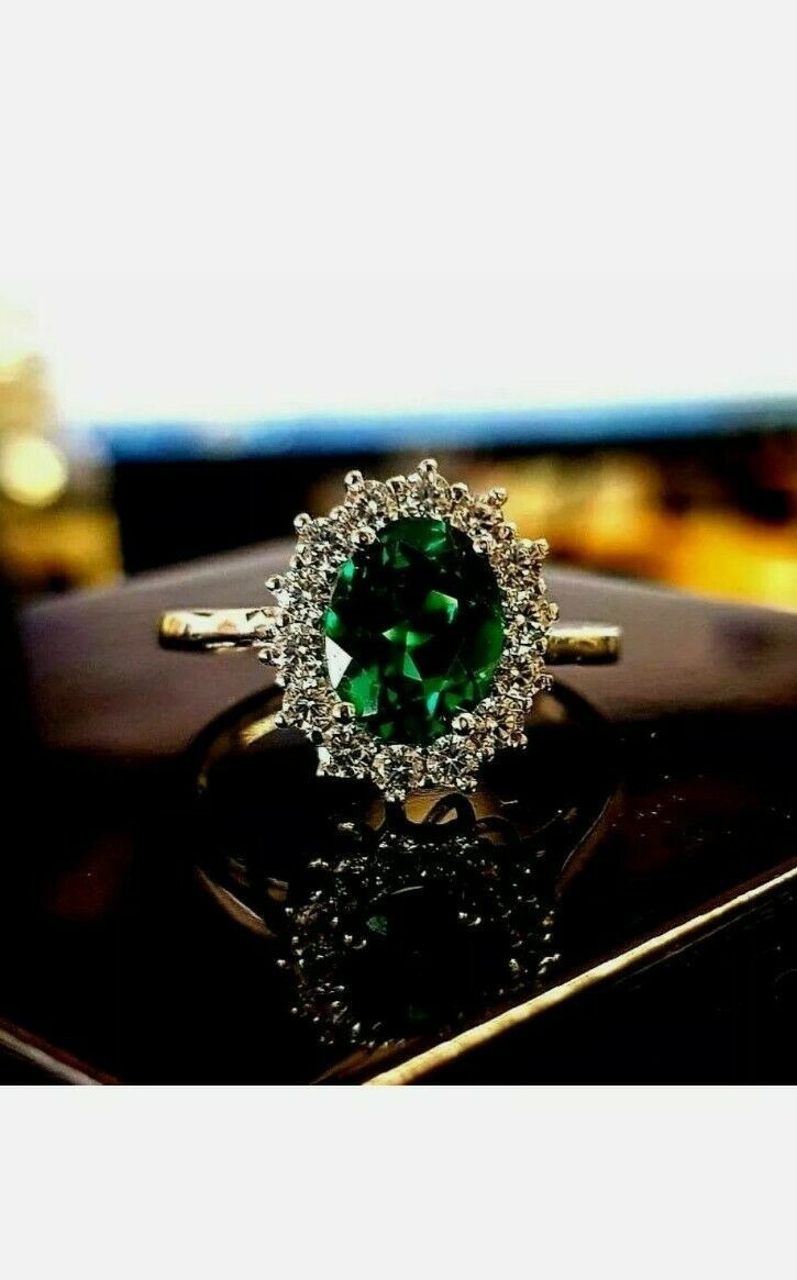 3.94 Ct Oval Cut Natural Emerald & Diamond Wedding Ring 14K White Gold Size 6.5