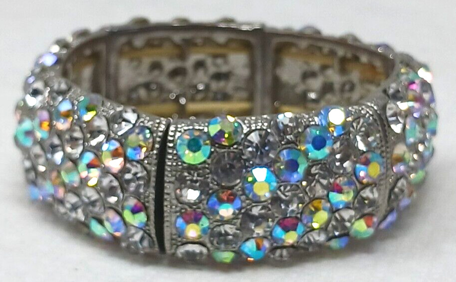 AB Crystal Rhinestone Stretch Bracelet SilverTone Statement BLING Chunky #J10-W