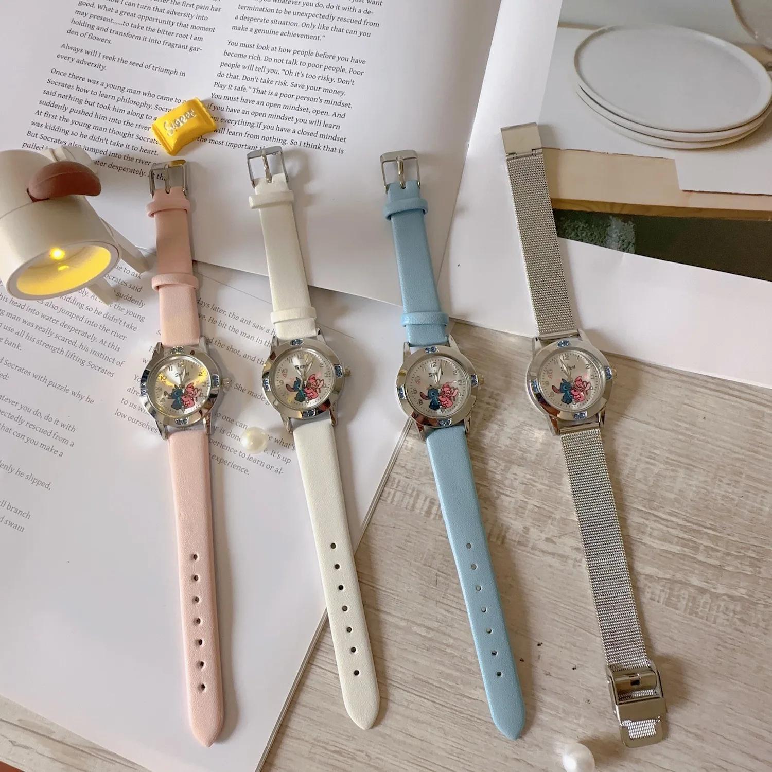 Disney Stitch Watches Diamond Quartz Watch for Women Stich Cartoon Leather Wrist