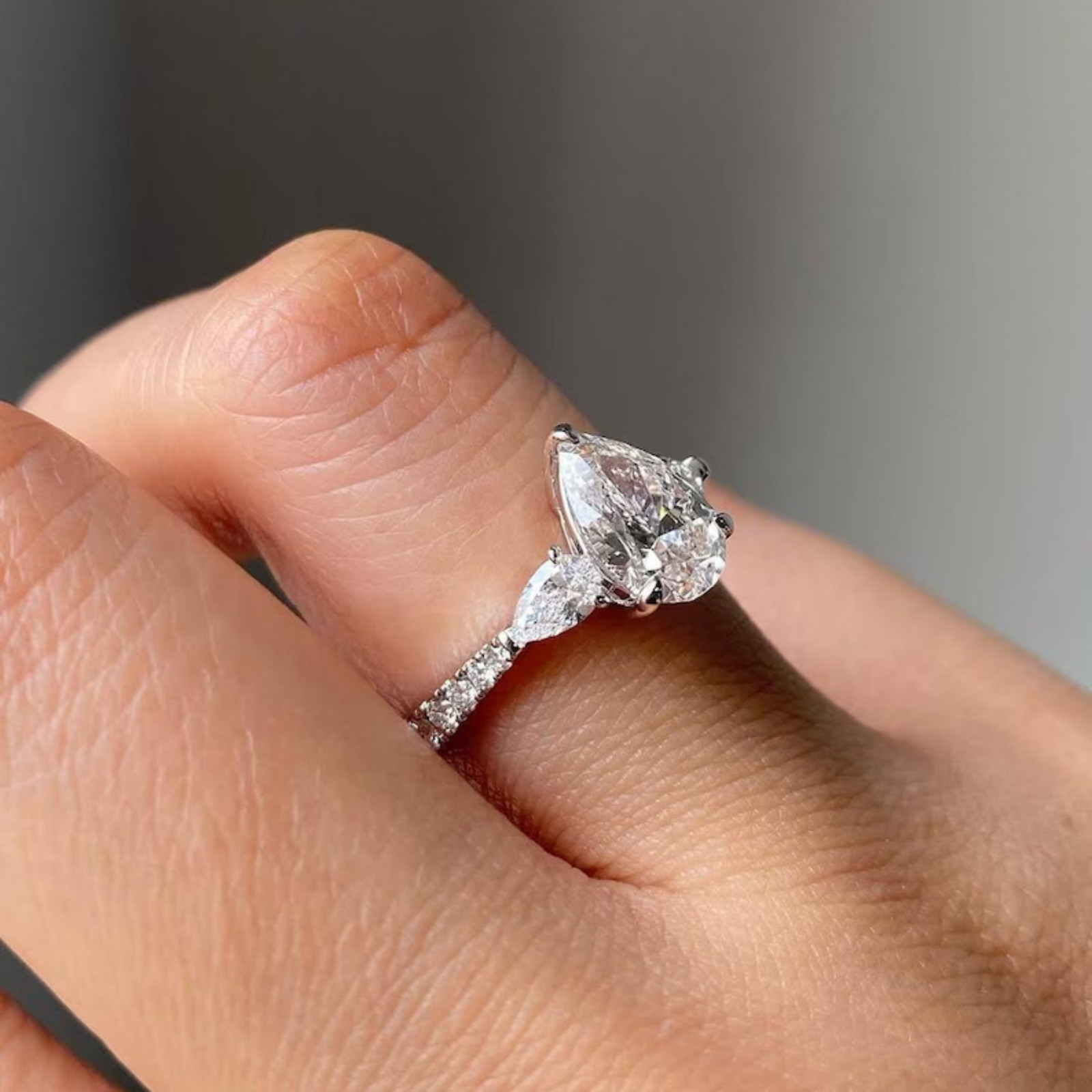 1.50 CT Three Stone Pear Cut Lab Grown Diamond Engagement Ring | 14k White Gold