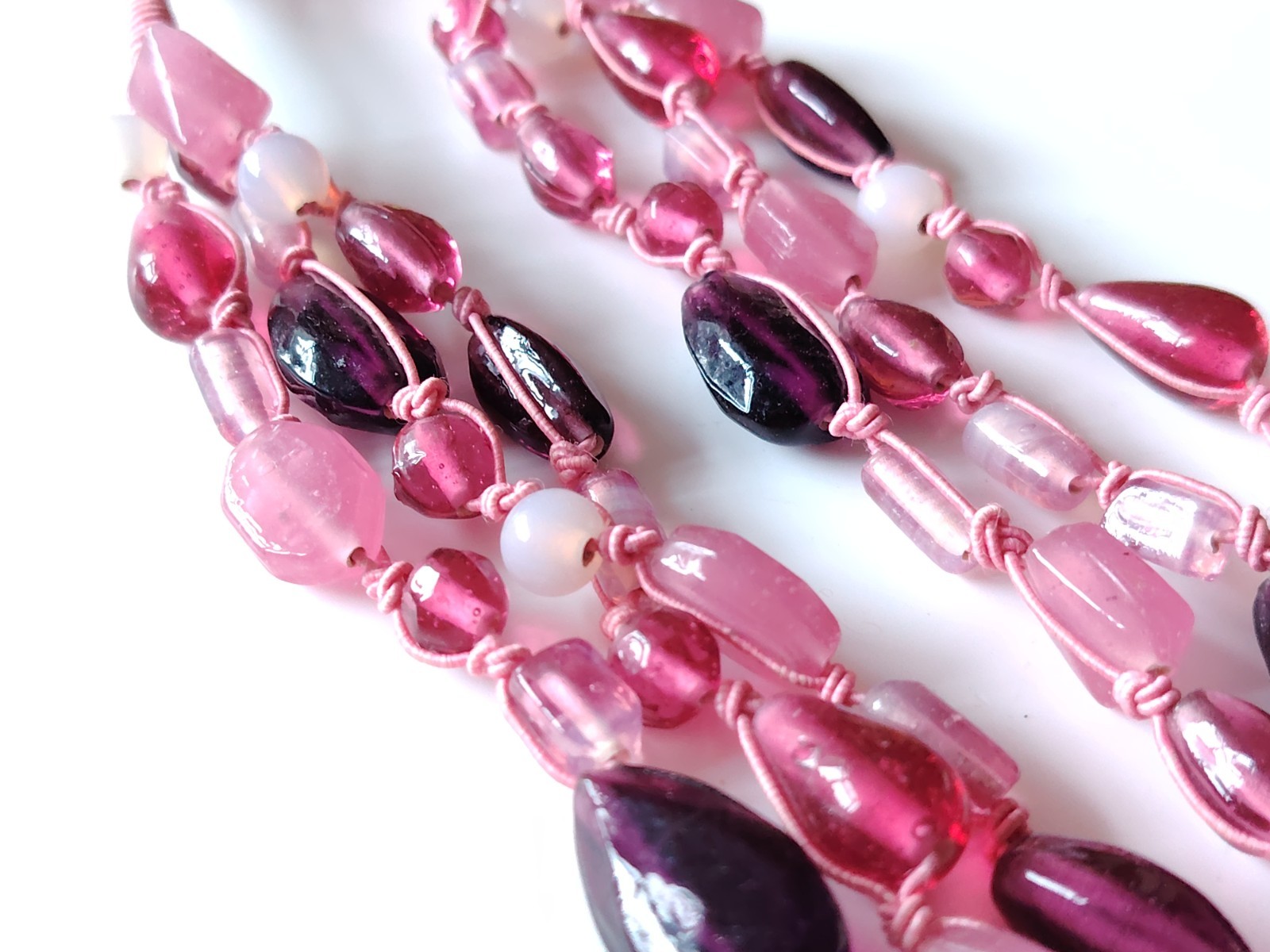 Pink Material Glass Bead Necklace Multi strand Mixed Shape Layering Toggle Clasp