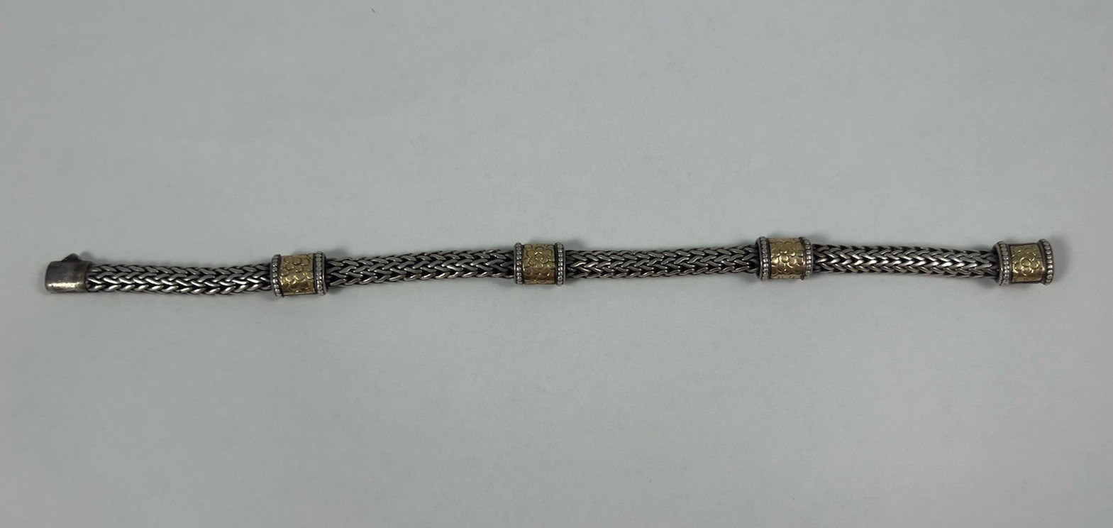 John Hardy 18k & 925 Sterling Four Pattern Station Classic Chain Bracelet 8” 6mm