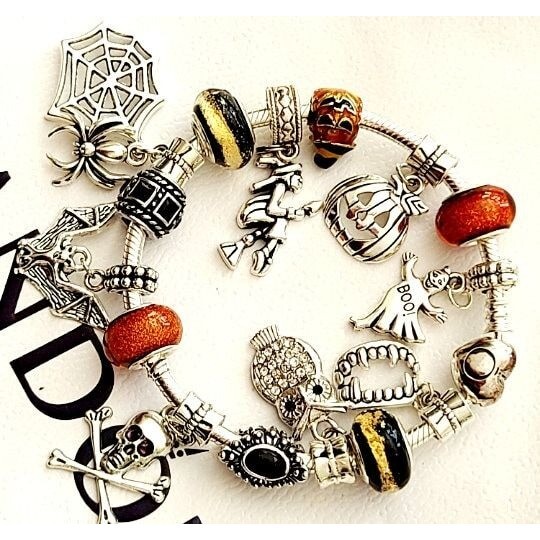 PANDORA GOTHIC HALLOWEEN Charm Bracelet .925 Sterling Silver Bat Skull Witch Te