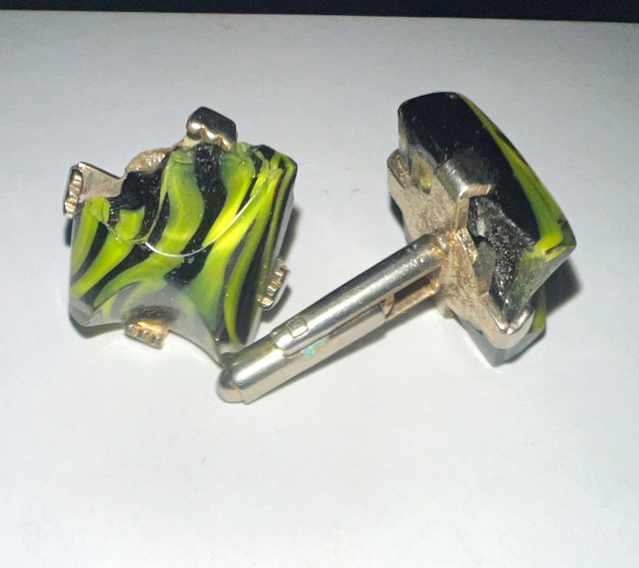 Men’s Square Green & Black Glass Cufflinks Silver Tone Bullet Back