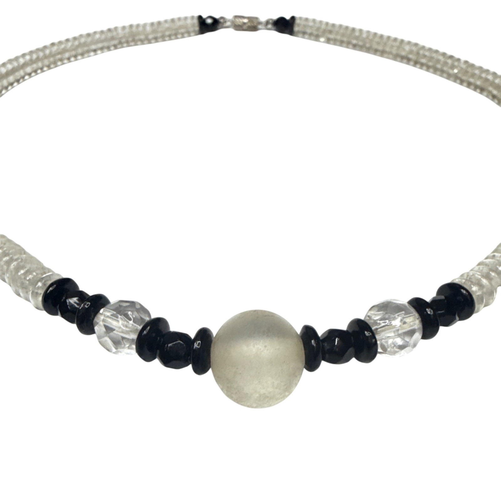 Handmade Beaded Necklace Clear Black Glass Beads White Center Stone Jewelry