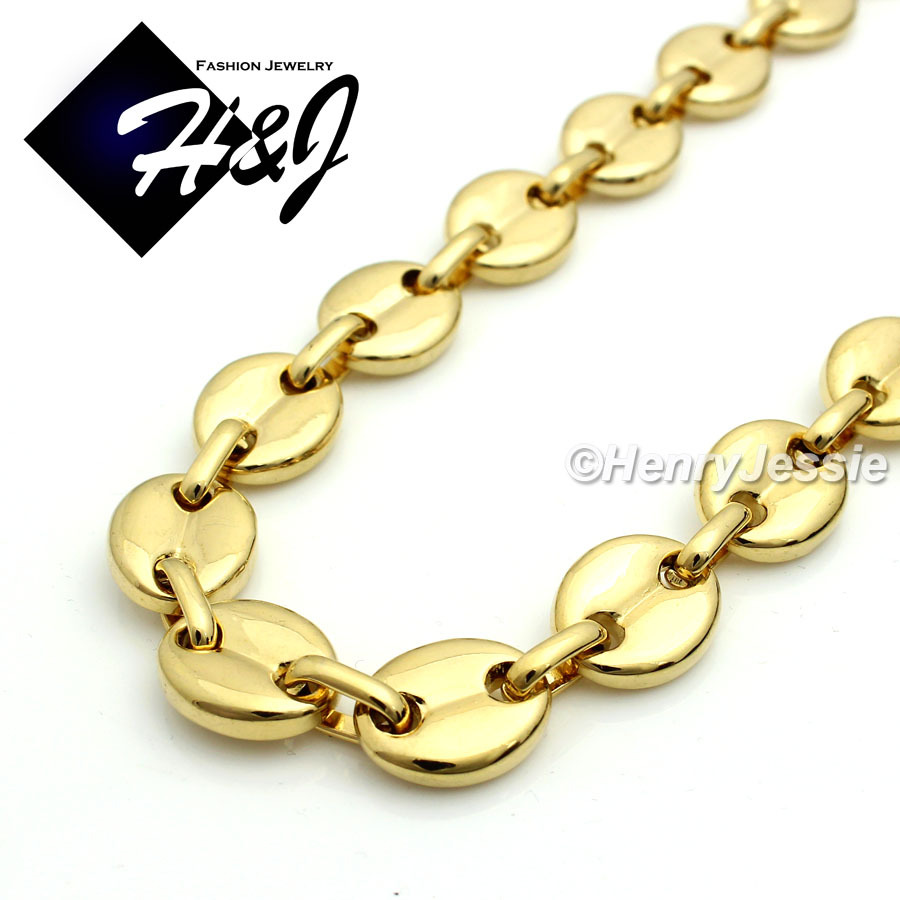 8.5″Men Women Stainless Steel 10x3mm Gold Plated Puffed Mariner Chain Bracelet