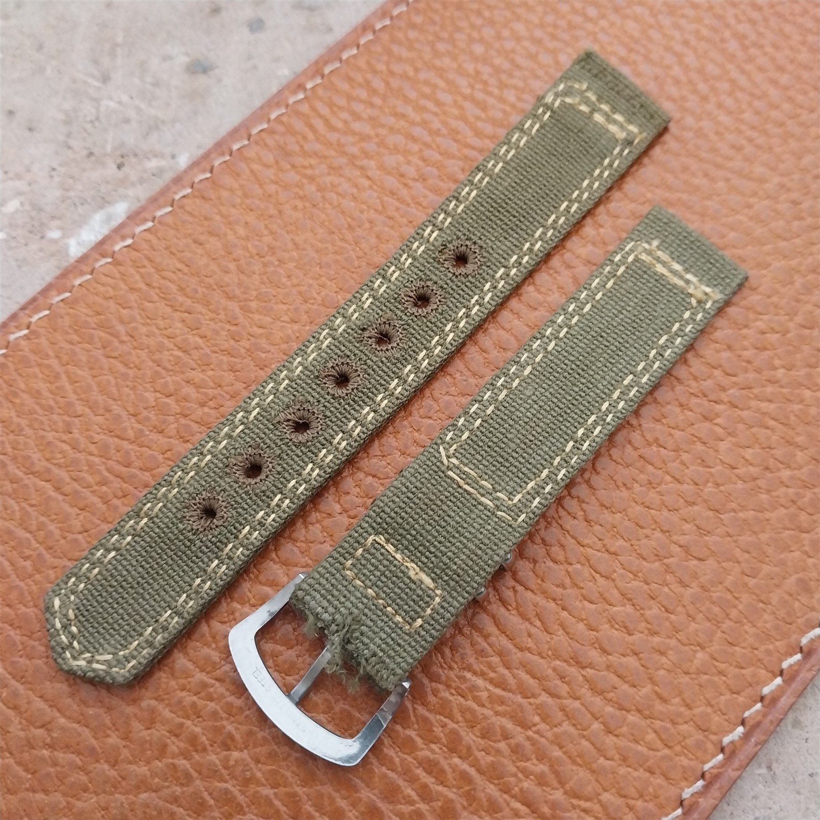 Vintage 5/8″ OD Green Canvas Military 1940s-1950s Watch Strap & Stainless Buckle