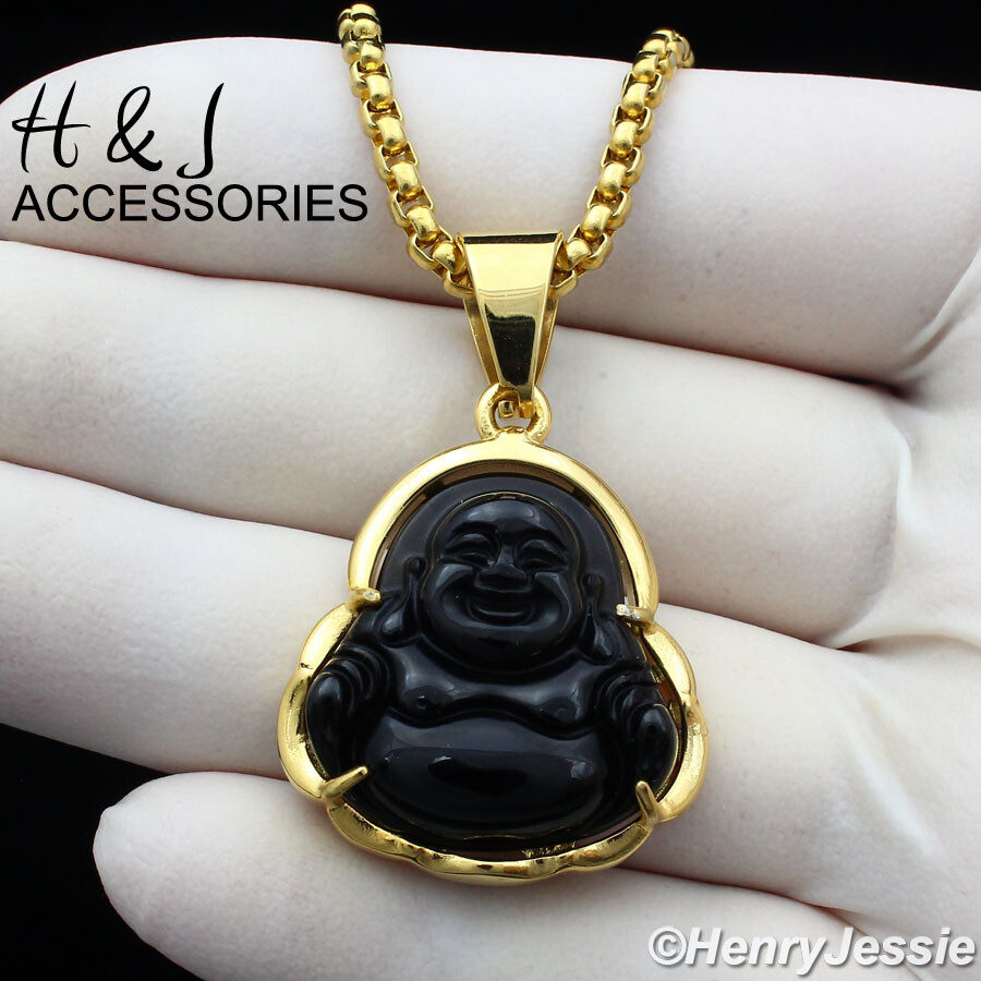 18-36″Stainless Steel 3mm Gold Plated Box Chain Black Onyx Buddha Pendant*AG123