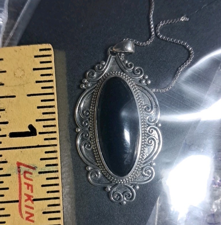 Large Black Onyx Gemstone 925 Sterling Silver Pendant w 18″ Necklace 8.6 Gr #49