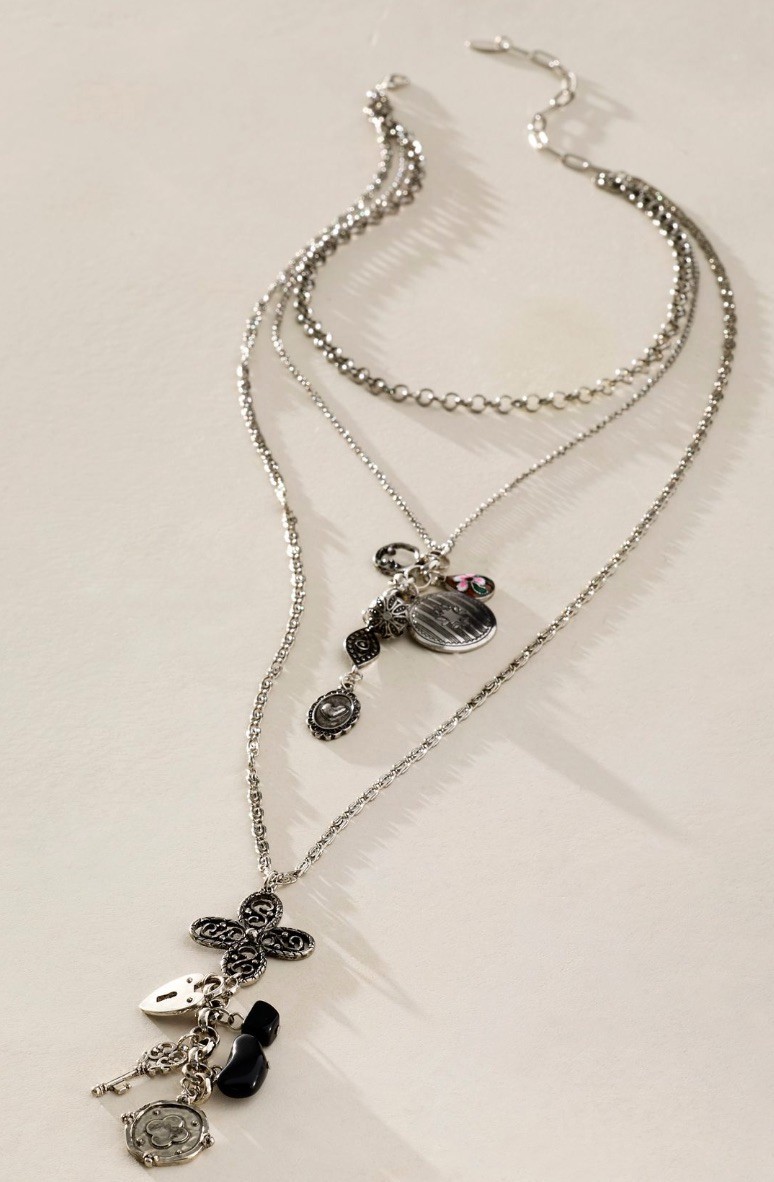 Free People Winlet Layer Necklace Silver Tone Mixed Long 3 Layer Charms NWT