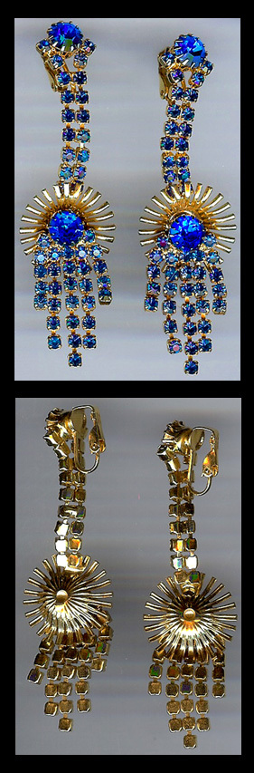 VINTAGE DAZZLING BRIGHT BLUE BLING BRILLIANT RHINESTONE LONG DANGLE EARRINGS