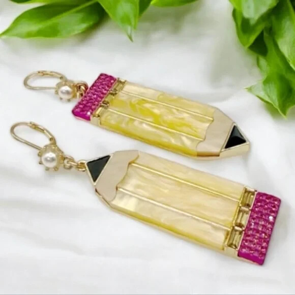 Betsey Johnson LARGE Pencil Earrings With Pink Rhinestones & Faux Pearls.
