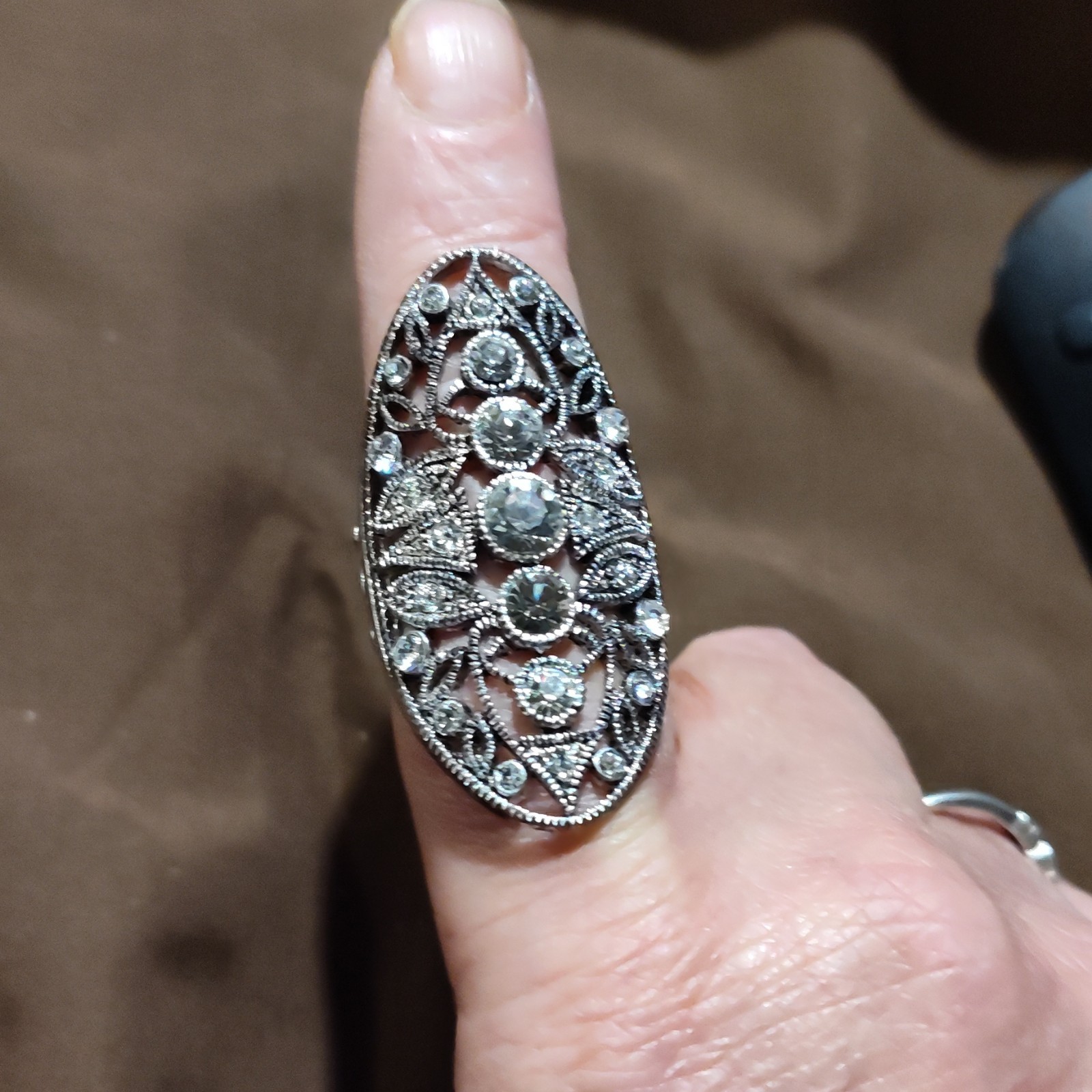 stretch band, Vintage Ornate Silver Full Finger Cocktail Ring with White Stones