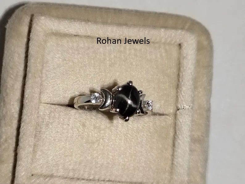 Natural Black Star Sapphire Ring 925 Sterling Silver Solitaire Women’s Ring