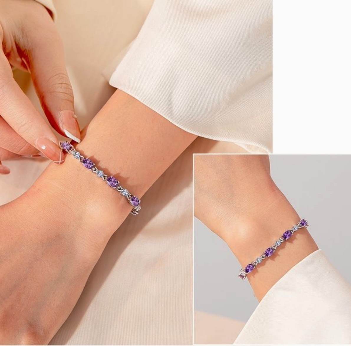 Elegant Purple+Clear Zircon Chain Link Splice Chain Bracelet Lobster w/Extended