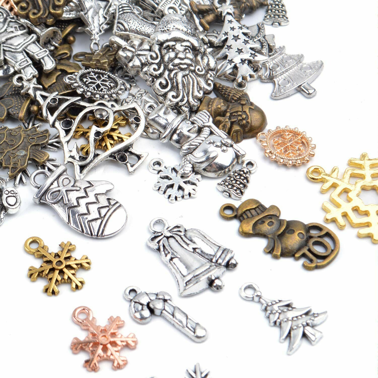10 Christmas Charms Antiqued Gold Bronze Assorted Lot Mixed Set Themed Pendants