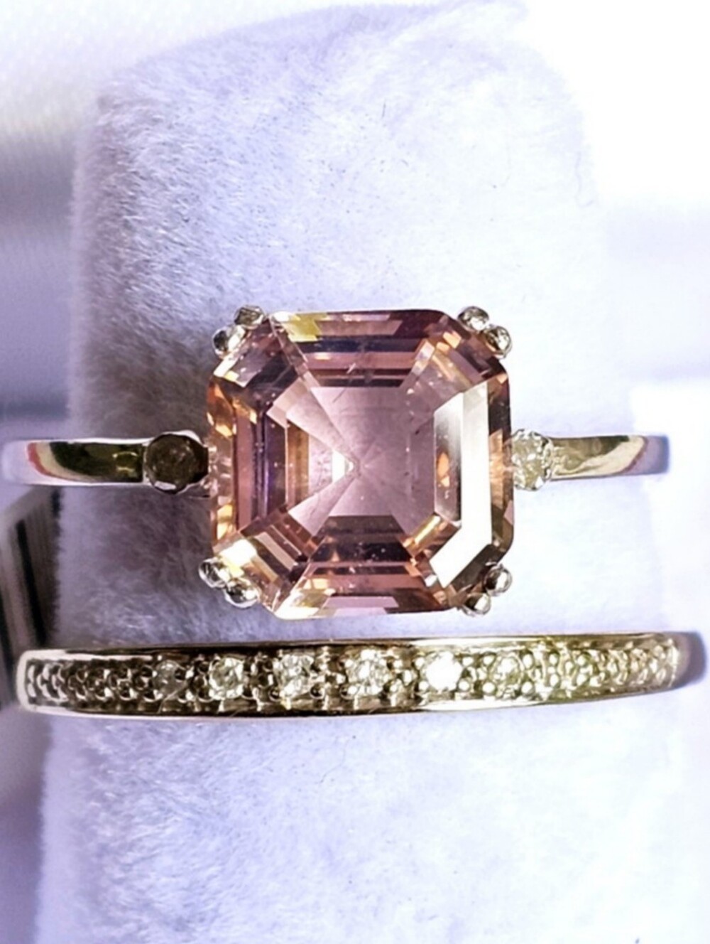 10k White Gold Pink Peach Morganite Solitaire & Diamond Band Ring Set Size 7
