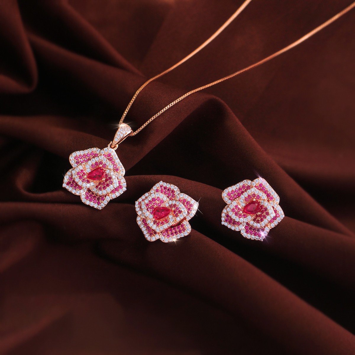 Rose Gold Plated Rose Red Flower Earring and Pendant Necklace Zircon Jewelry Set