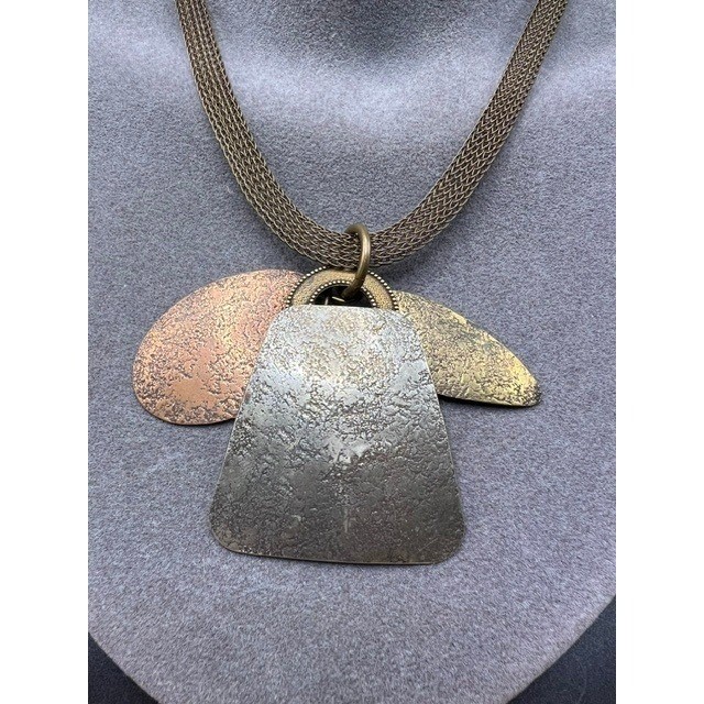 VTG Marjorie Baer SF Signed necklace Tri-Metal Plates Mesh Chain Bohemian Art