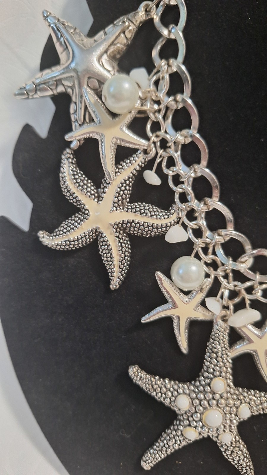Silver Tone Starfish Simulated Pearl Crystal Jewelry Set Necklace & Earrings