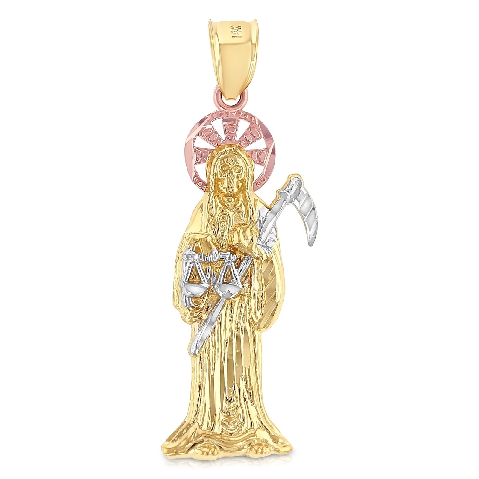 14K Tri Color Gold Grim Reaper Religious Charm Pendant &1.2mm Box Chain Necklace