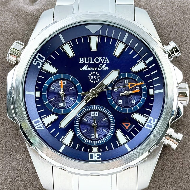 Bulova Men’s Marine Star 96B256 Blue Dial Stainless Strap Quartz Watch 43MM
